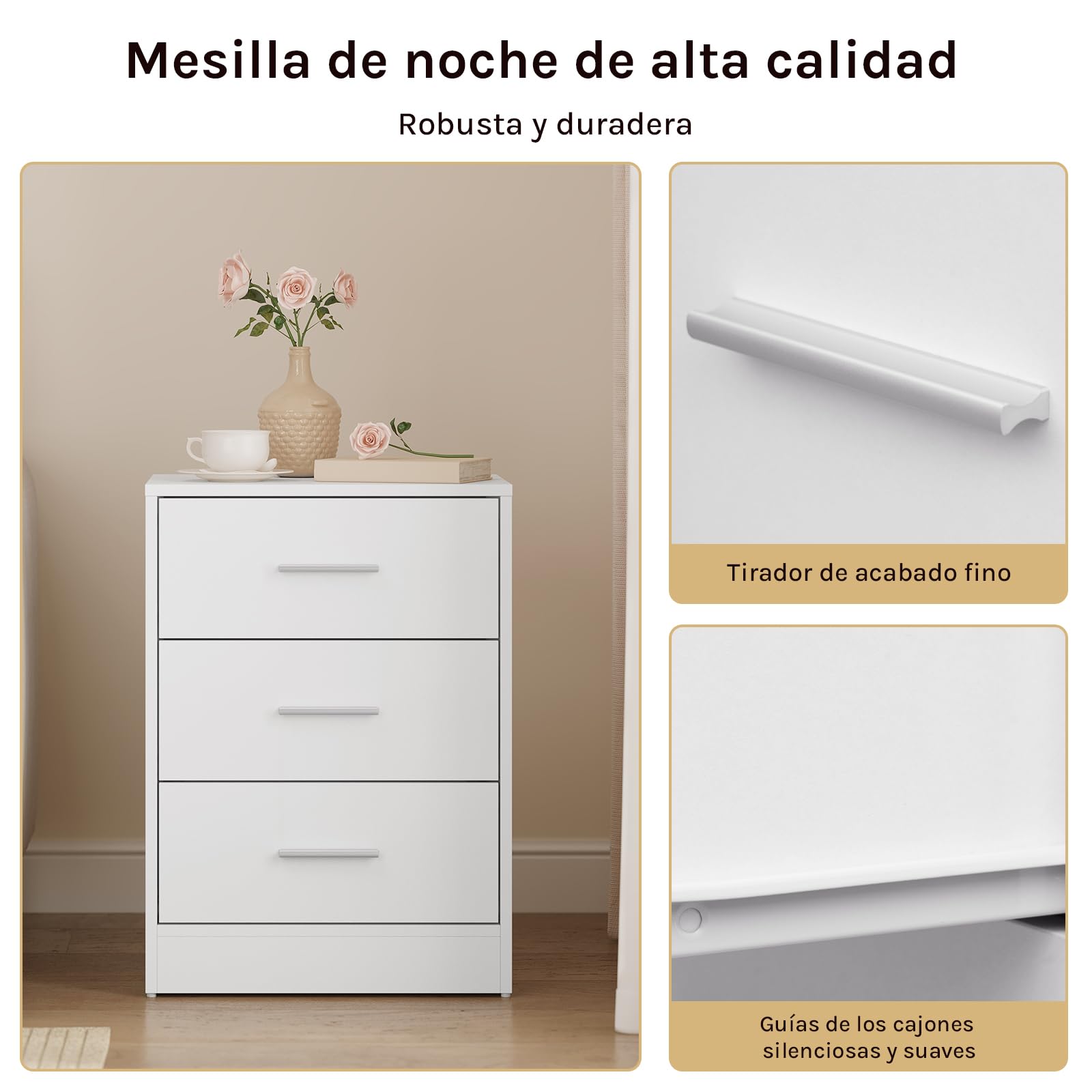 WOLTU Juego de 2 Mesitas de Noche con 3 Cajones, Mesillas para Dormitorio, Estilo Moderno, Estructura de Madera, 39 x 28 x 54 cm, Blanco NTS26ws-2