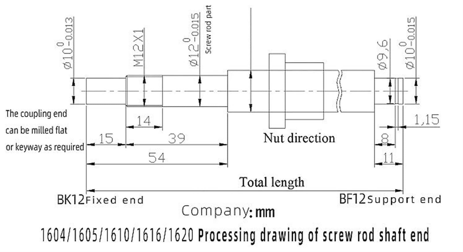 Śruba kulowa SFS1620 z obróbką końcową, pojedyncza nakrętka kulowa, klasa C7, 16 mm, 20 mm, śruba pociągowa 200-1100 mm(Fk12 Ff12 End Process,1050mm)
