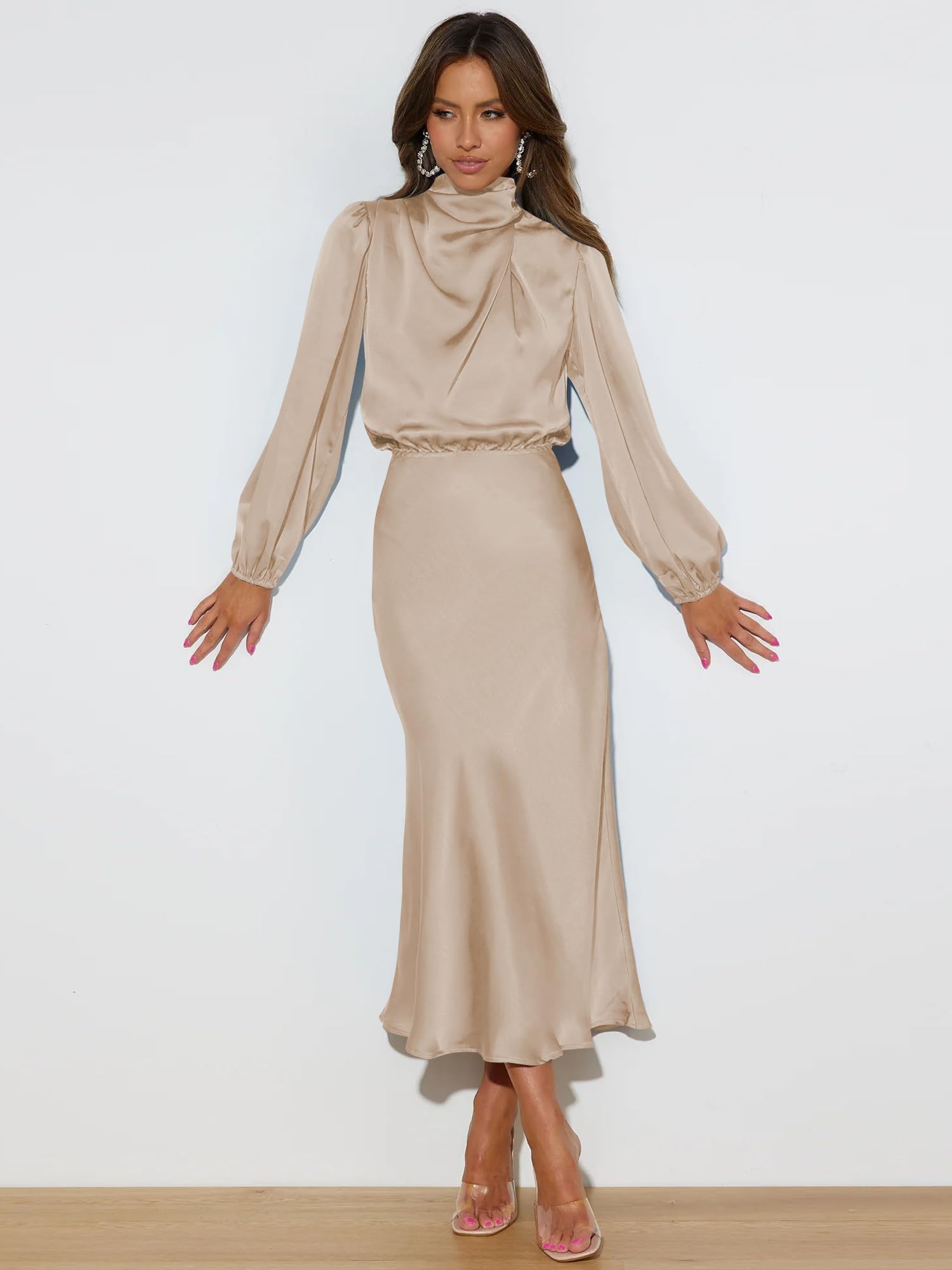 Donna Abito Lungo in Satin Increspato Maniche Lunghe Vestiit Vita in Stile Sciolto Autunno Nuovo Elegante Vestito Cocktail da Donna e Ragazze