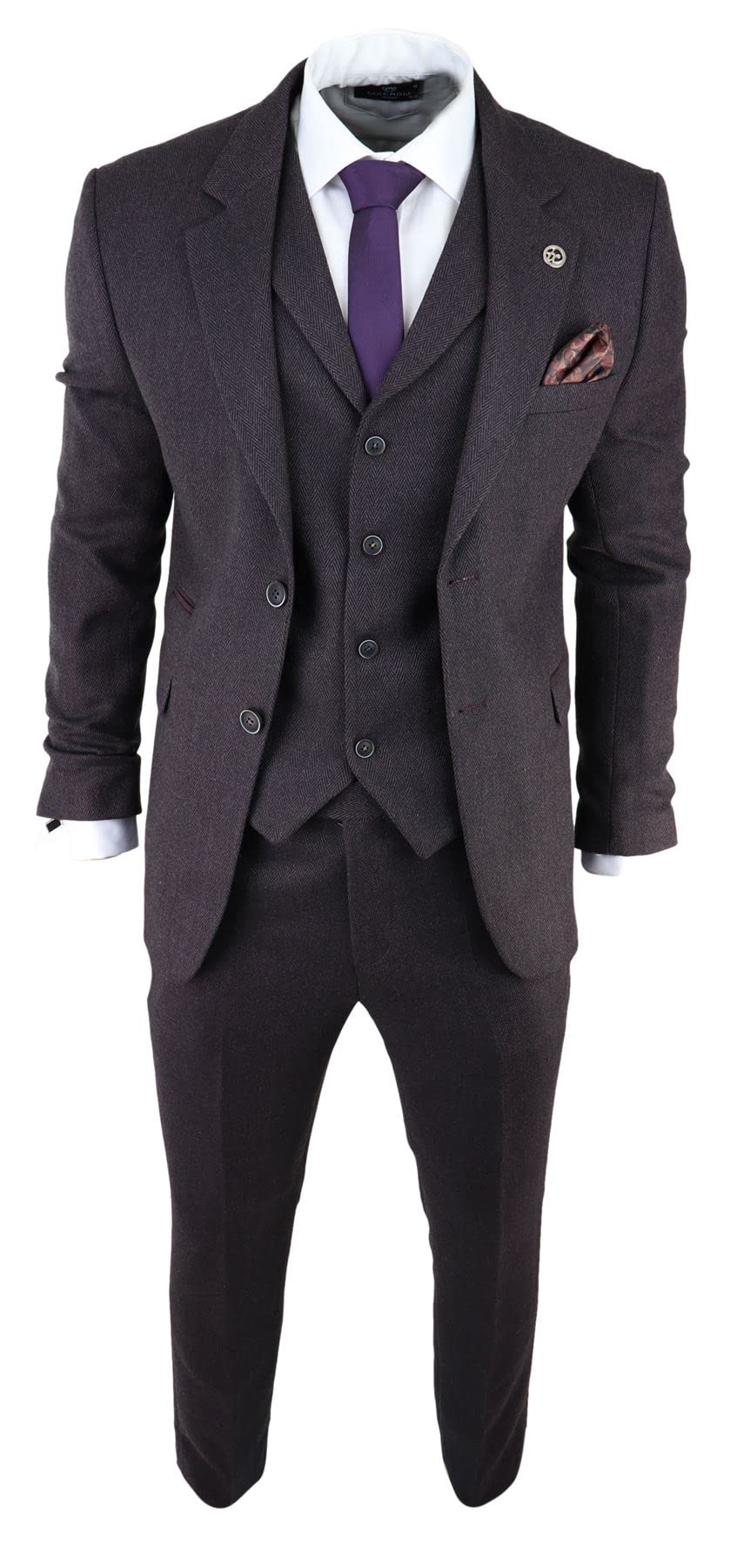 Truclothing Men's Purple Herringbone Tweed 3 Piece Suit Plum Tailored 1920S Vintage Blinders - Plum Size 48