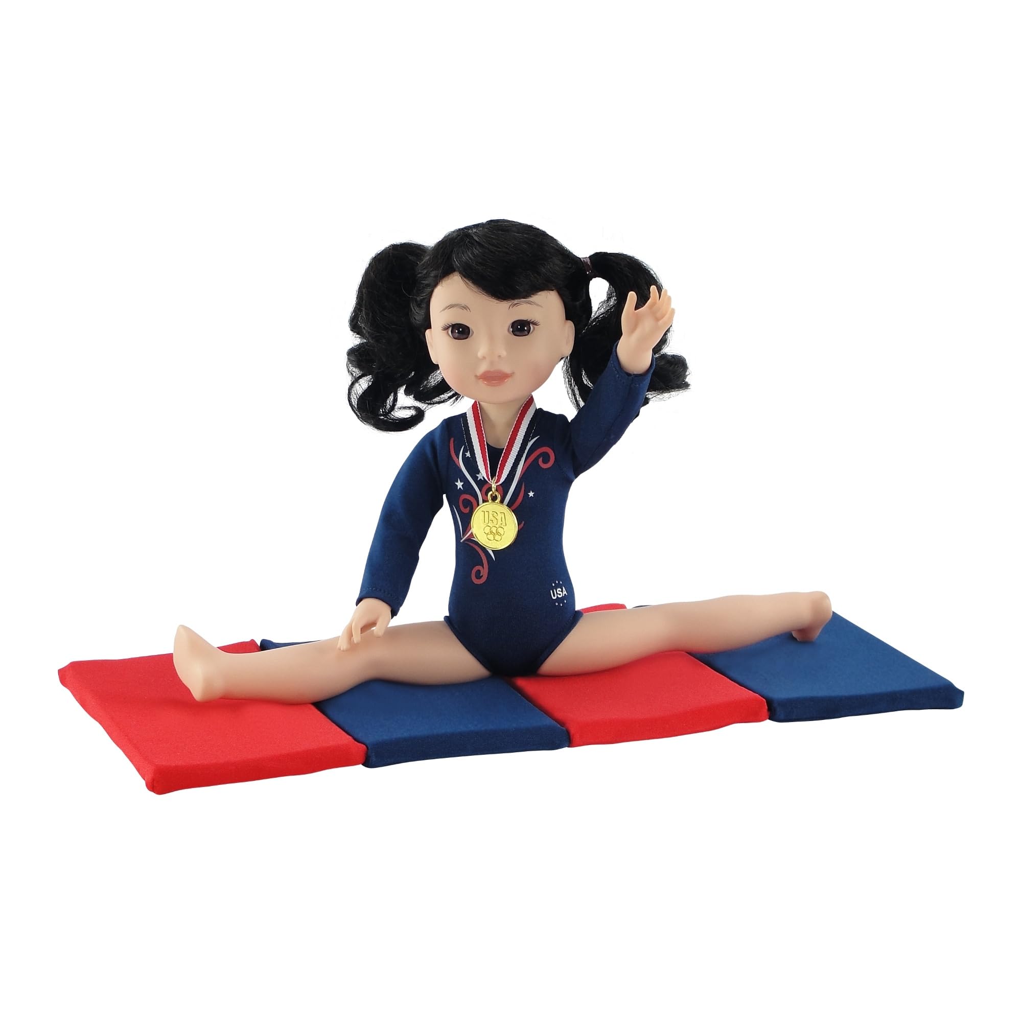 Emily Rose 14 Inch Doll Clothes - 3 PC USA Gymnastics Leotard Sports Uniform with Tumbling Mat and Gold Medal Accessories! | Compatible with 14" Wellie Wishers Dolls