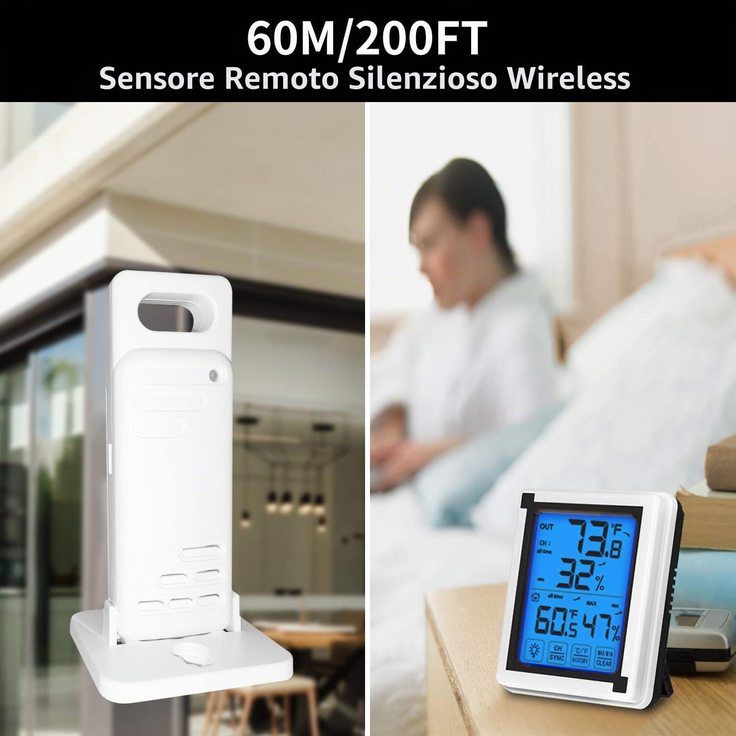 ThreeH Indoor Outdoor Termometro Igrometro Digitale con 3 Sensori Wireless Misuratore di umidità Misuratore di Temperatura Accurato con Retroilluminazione LCD Touchscreen (3 sensori)