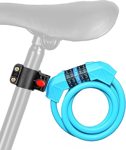 Candado de bicicleta con soporte de montaje, cable de bicicleta de 4 pies, cable básico autoenrollable de 5 dígitos con combinación reiniciable,