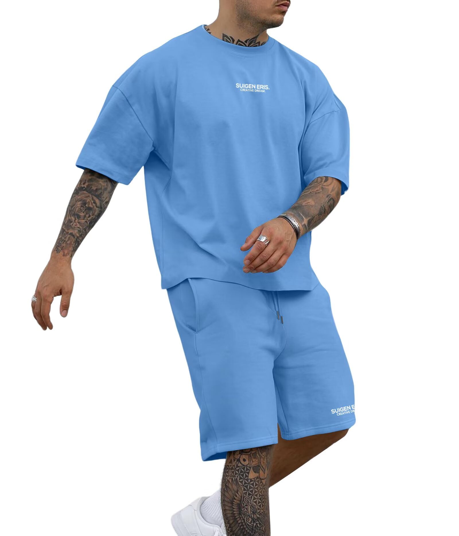 Epoleatries Men's 2 Piece Outfits Letter Drop Shoulder Oversize Tee Shirt Shorts Set Athletic Jogging Summer Tracksuit