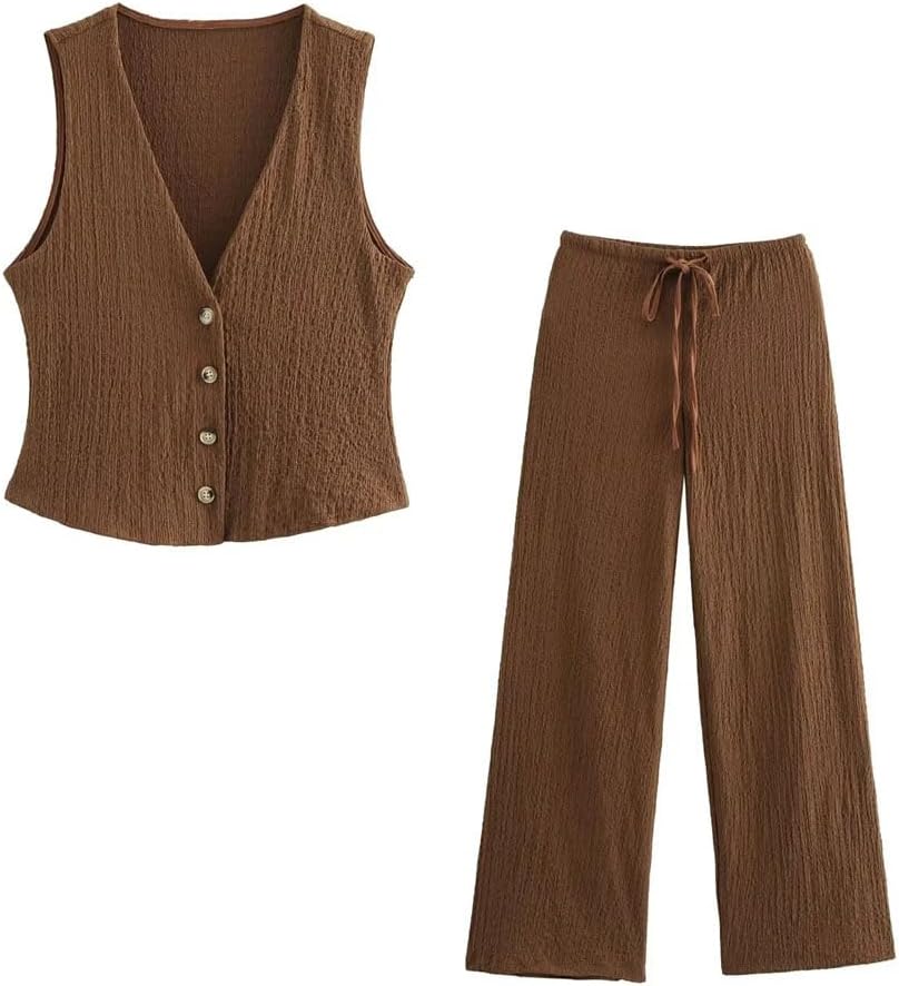 Women's Two-Piece Suit V-Neck Single-Breasted Solid Color Textured Casual Vest High Waist Drawstring Wide-Leg Pants Suit