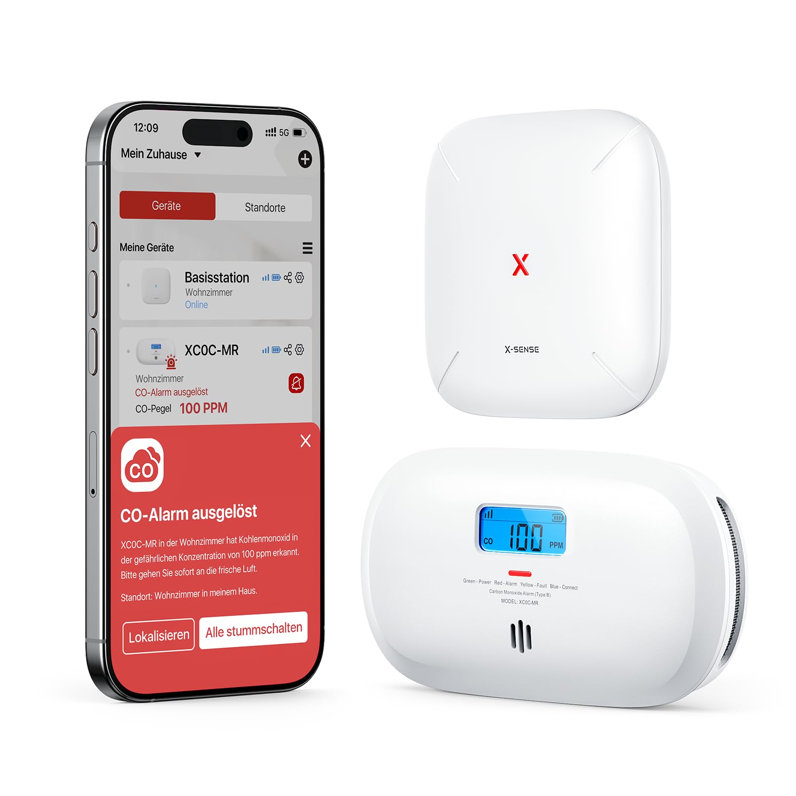 X-Sense Smart Kohlenmonoxid-Melder, TÜV Rheinland Zertifiziert, Austauschbarer Batterie, App-Steuerung, Basisstation SBS