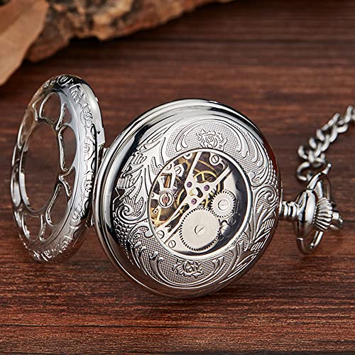 Image of Black and Silver Roman Numeral Dial Mens Mechanical Moon Phase Design, Moon Sun Pattern Skeleton Mechanical Pocket Watches for Men with Case and Chain - Black