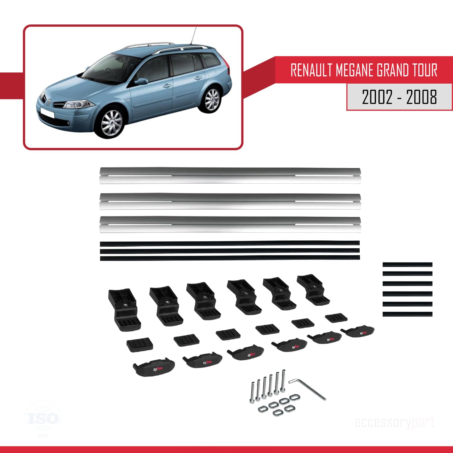 Bagażnik dachowy kompatybilny z Renault Megane Grand Tour 2002-2008 Basic Model, bagażnik dachowy, szary, aluminium, 3 drążki