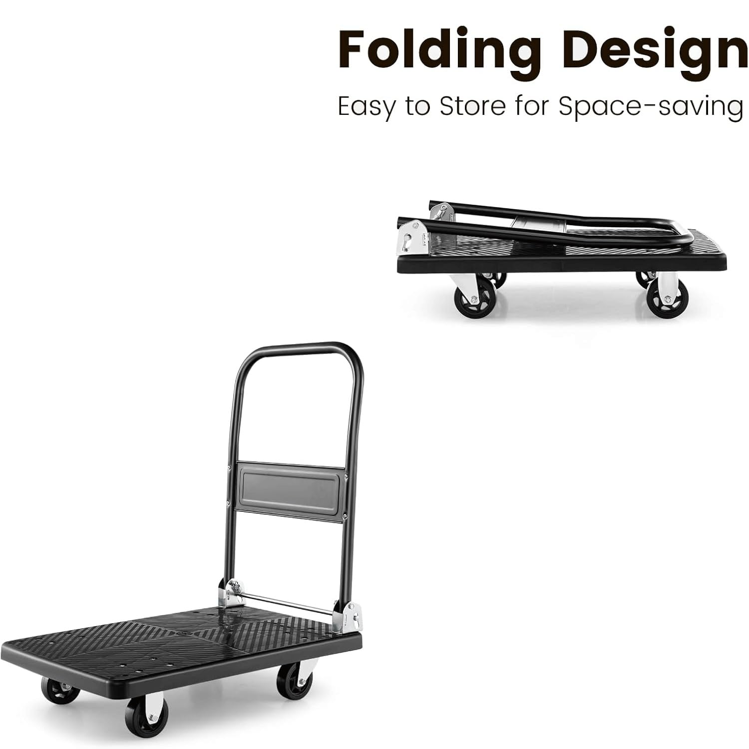 Carrello pieghevole resistente, capacità di carico 200 kg, ampia piattaforma con superficie antiscivolo e rotelle, ideale per magazzini, traslochi e trasporto merci