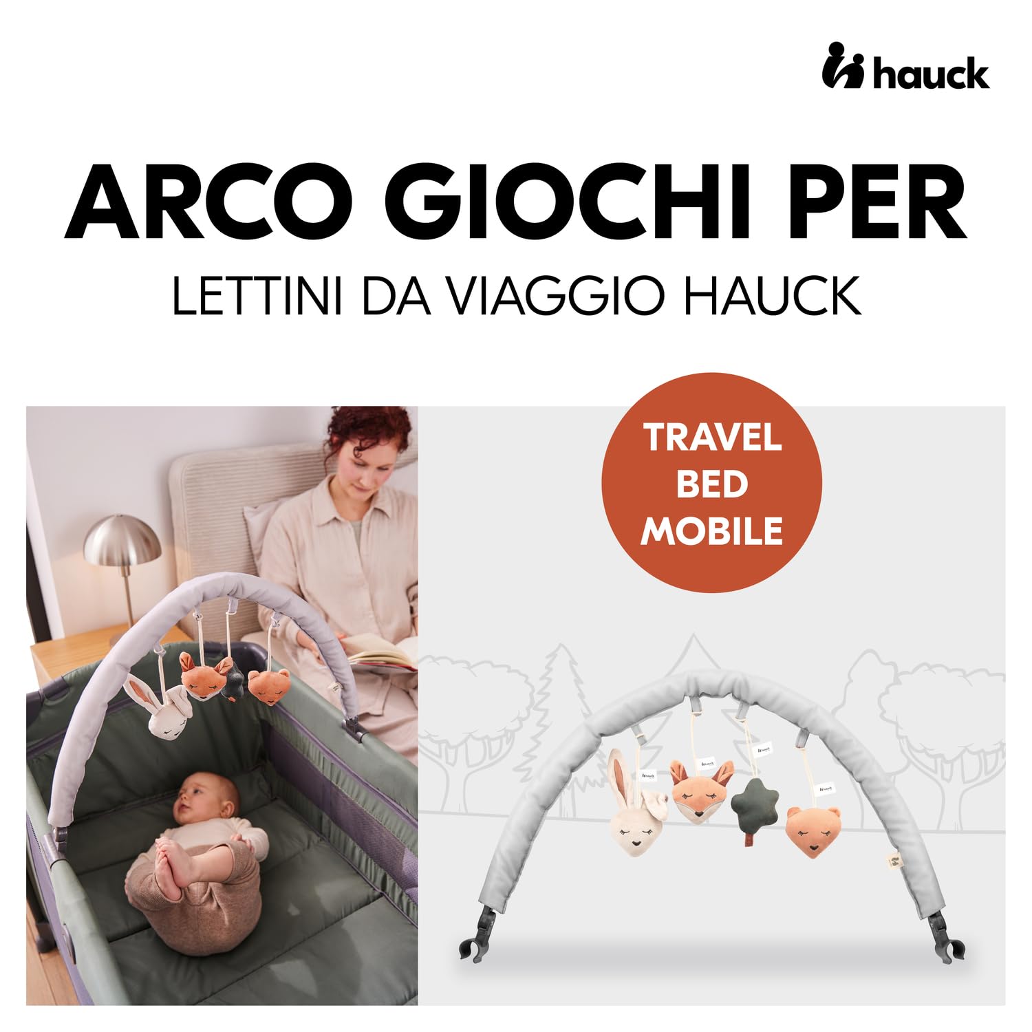 hauck Arco Giochi Neonato Per Lettino Da Viaggio con Base di Appoggio Fino a 60 cm - Giostrina Culla Neonato Per Attività Motoria con Sonaglio - Ideale a Casa e Fuori - Da 0 Mesi, Pieghevole - Foresta