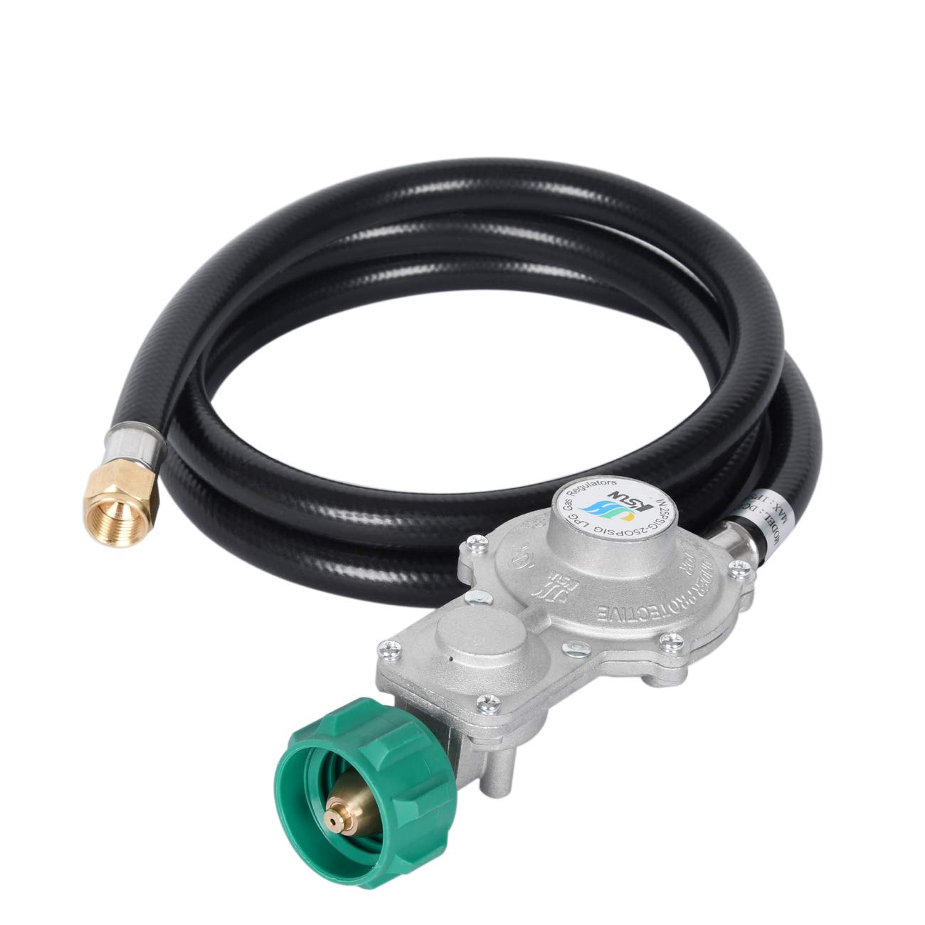 GasSaf Regulador de propano de dos etapas de 5 pies con manguera para generador de combustible dual, electrodomésticos, estufa de gas y más, tuerca hembra de 3/8