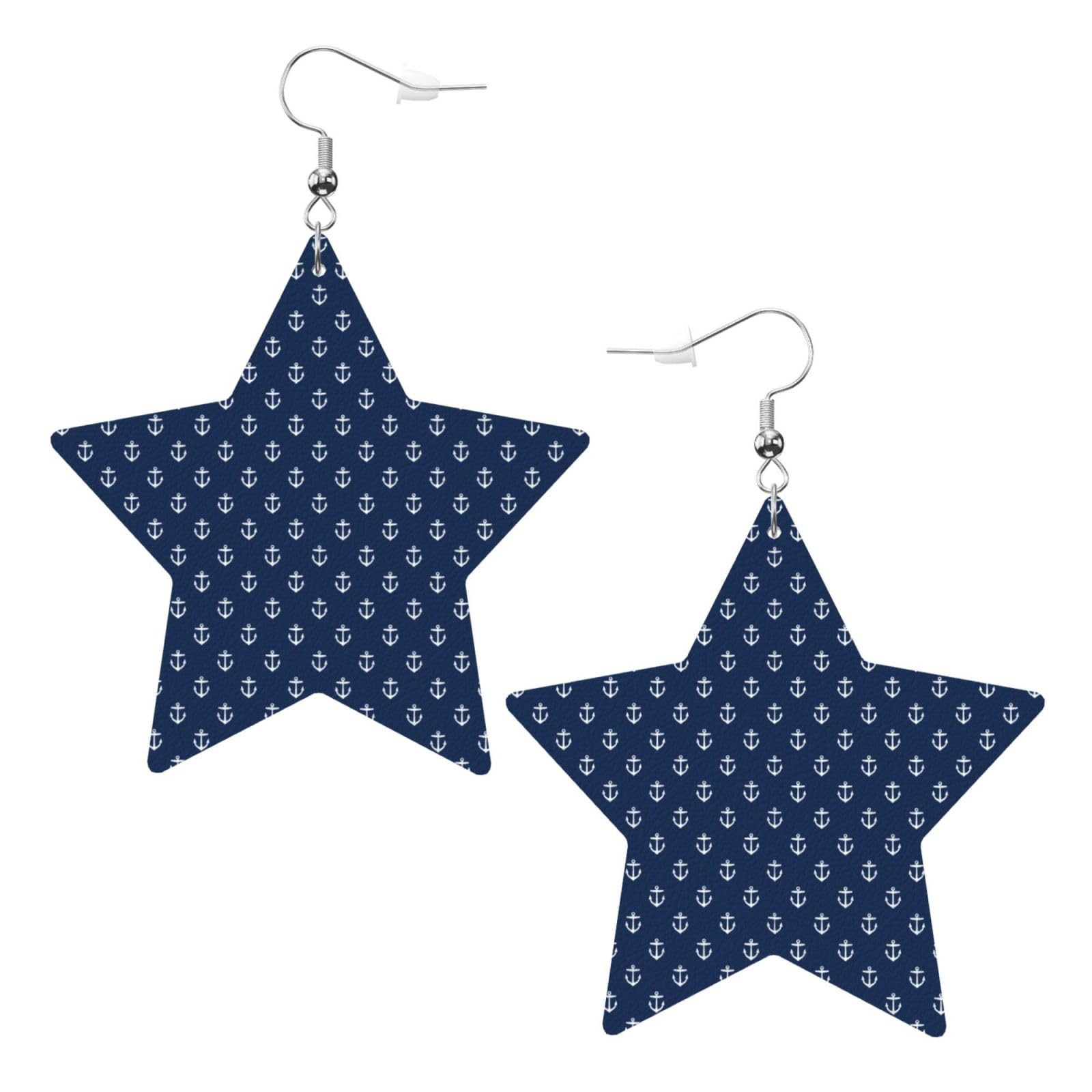 Women Faux Leather Earrings Navy Blue-Captain-Pattern Star Shape Dangle Drop Earrings