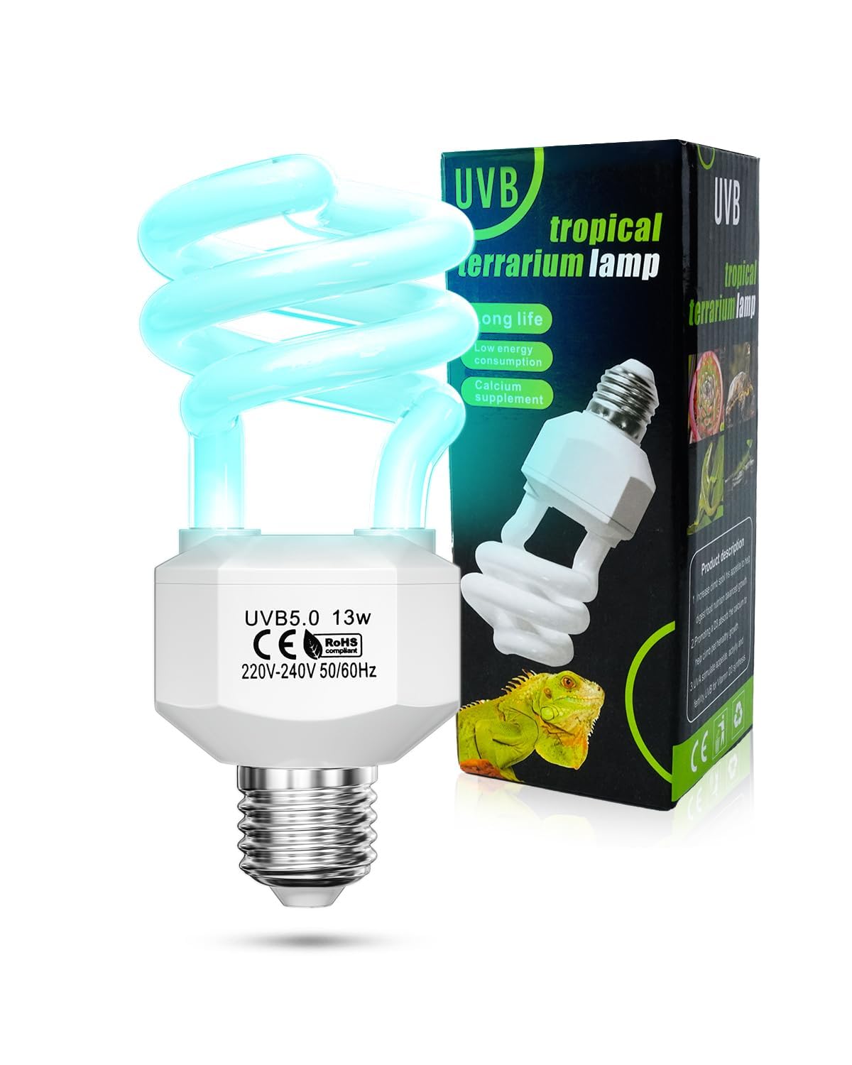 TobeBright 13W E27 UVA UVB Bulb Tortoise AC220-240V uvb 5.0 uvb Light Reptile uvb Fluorescent Light Beam Angle 360° UVA lamp for Aquarium, Glass Container, Feeder, Turtle, Snake, Lizard, etc (1Pcs)
