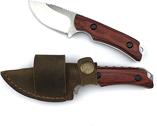 6.3 Inches Hidden Canyon Fixed Blade Knife with Leather Sheath, 8Cr13Mov Blade, Full Tang Wood Handle, EDC Camping Hunting Knife for Men - HUAAO