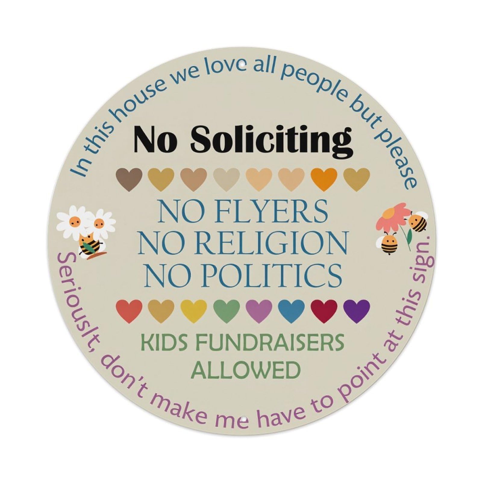 No Soliciting Sign With Hearts And Bees Round Tin Sign Vintage Metal Poster, Home Bar Garage Man Cave Cafe Indoor & Outdoor Wall Decoration 8x8Inches