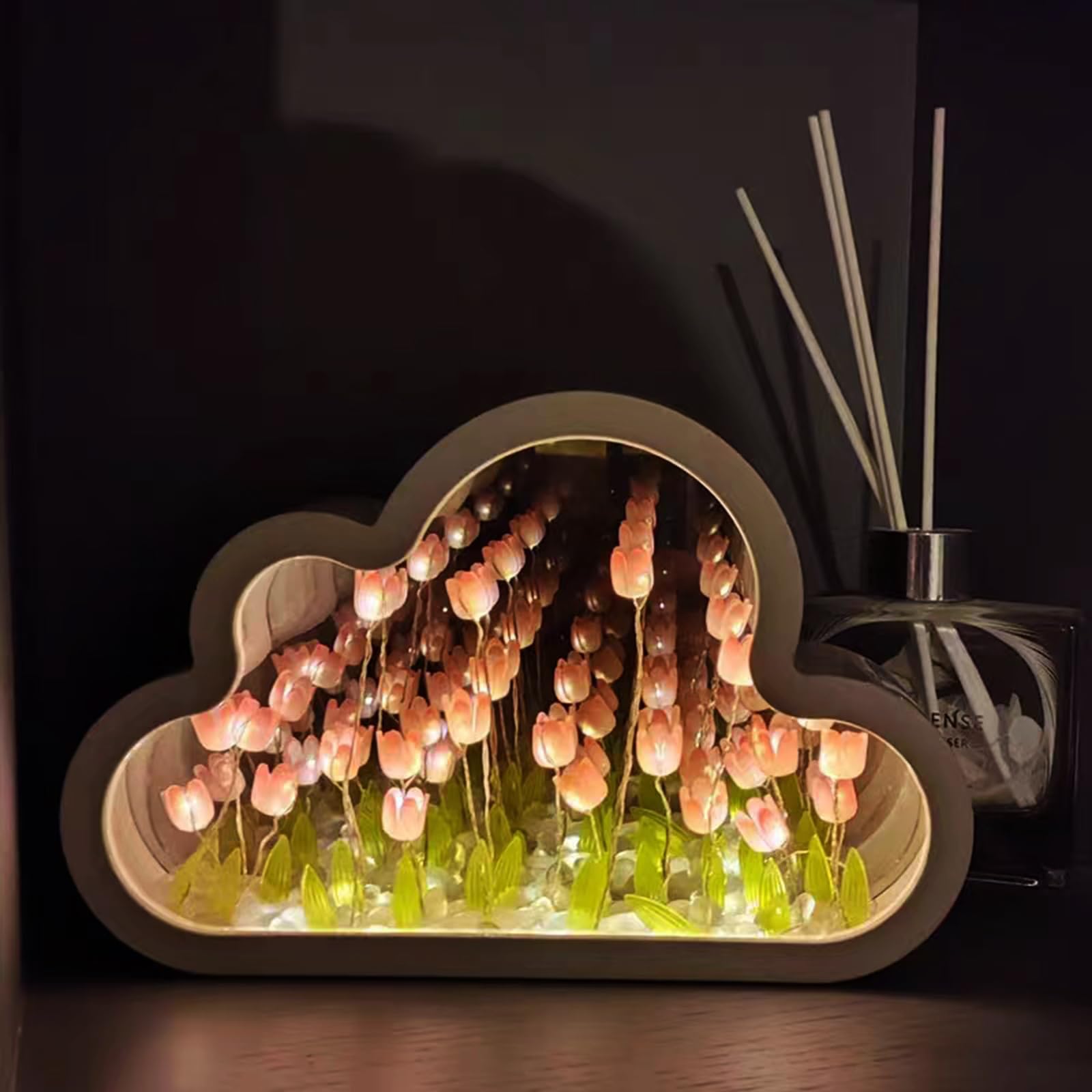 Yevheniy 20 Flowers DIY Tulip Mirror Night Light, LED Handmade Tulip Ocean Cloud Lights, 2 in 1 Mirror & Table Lamp Decoration Ornaments, Bedside Lamp for Couple, Friends, Children (Pink)