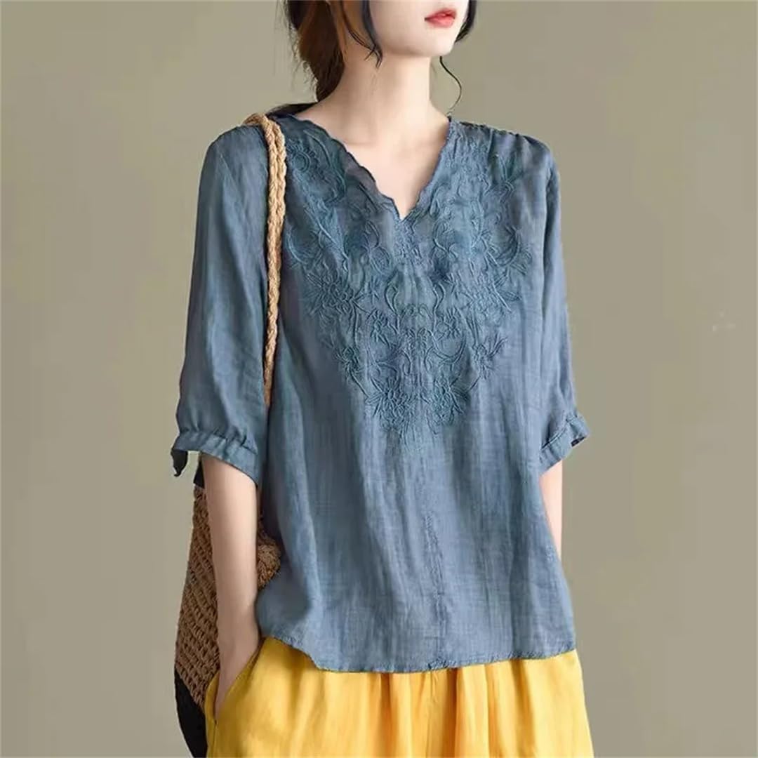 Fashion Summer Femmes Vintage Broderie Coton Lin Lâche Col V Manches Moyennes Chemise Pull Tops