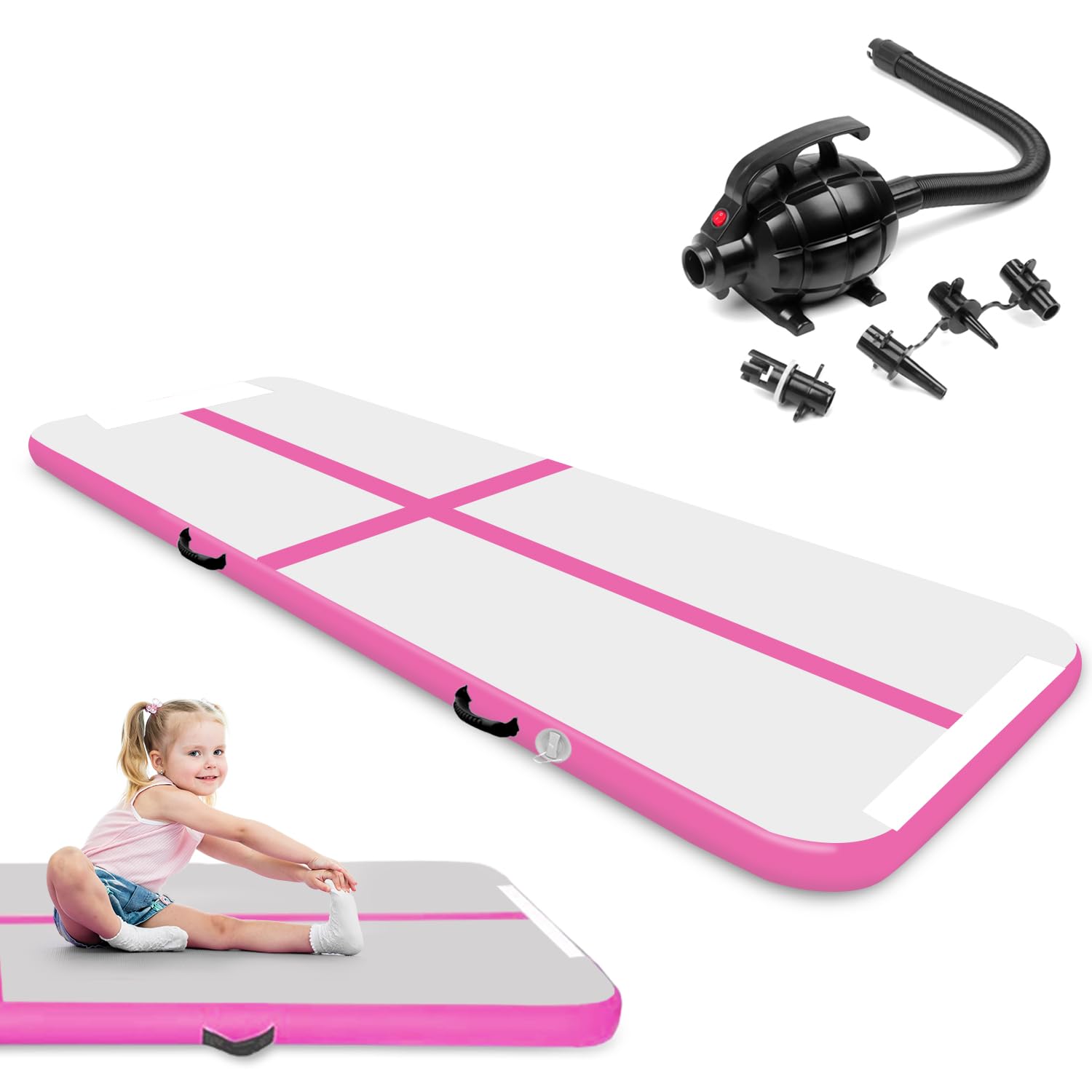 3M / 4M Inflatable Gymnastics Tumbling Mat 10cm Thickness Air Floor Mat Tumble Track for Home Use/Training/Yoga/Water Fun/Pilates with Electric Pump (4m, Pink (with pump)) — image 1