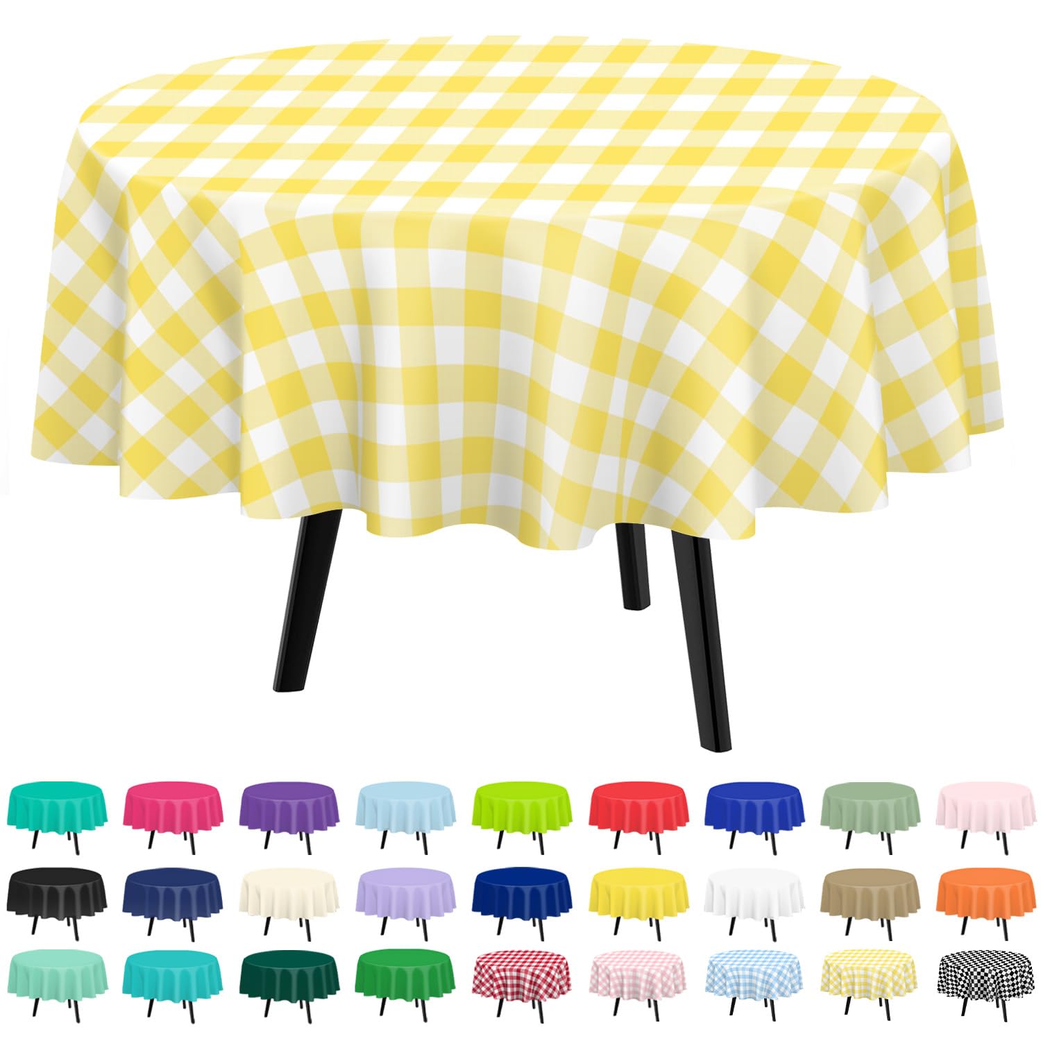 QIKSION Yellow Gingham Round Tablecloth 12 Pack, 84 Inch Plastic Checkered Table Cover Disposable for Parties