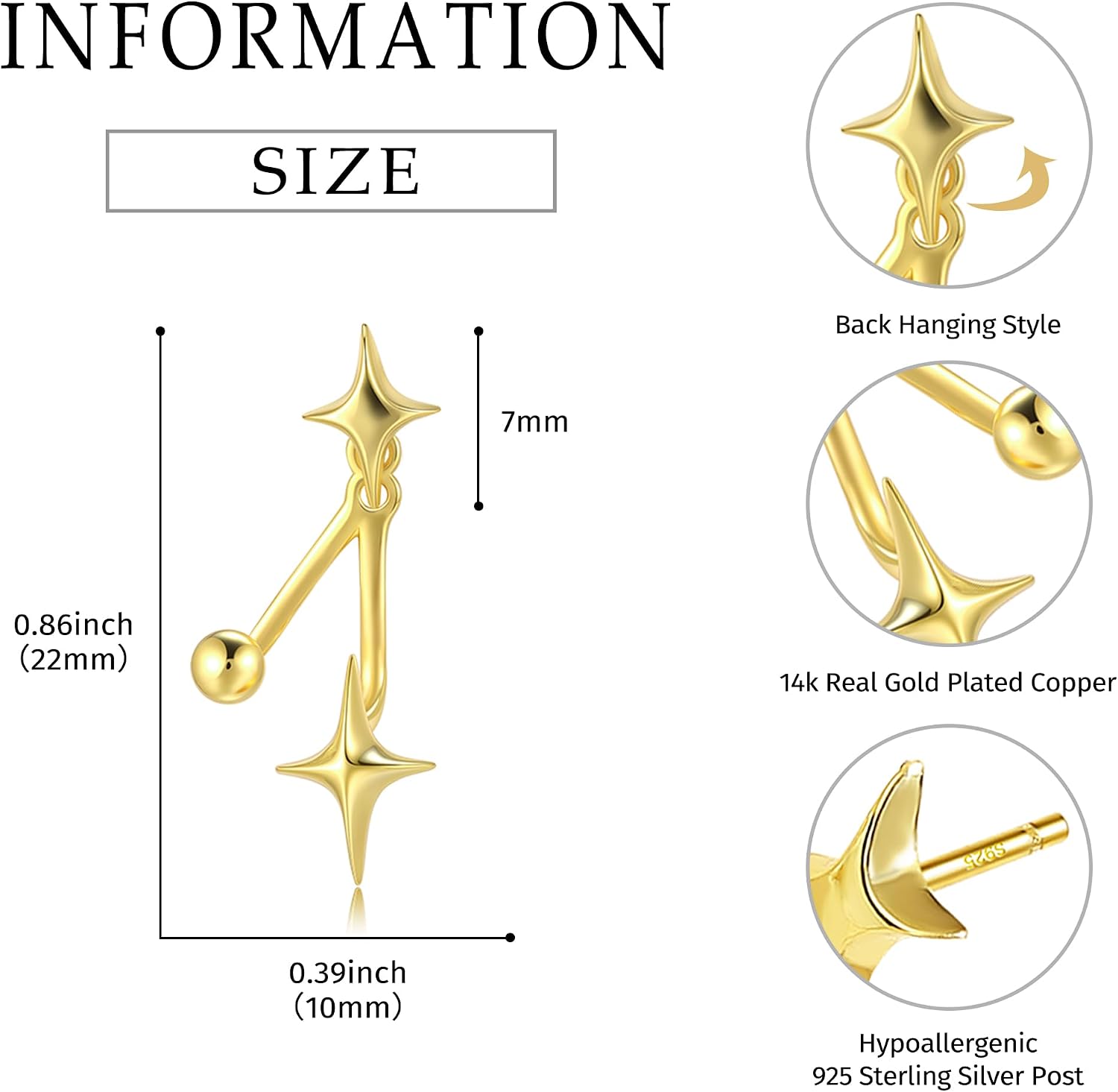Unique Simple Small Star Stud Earrings for Women | 925 Sterling Silver Post, 14K Gold or Silver Plated, Hypoallergenic Mini Drop Dangle Star Earrings Jackets for Women
