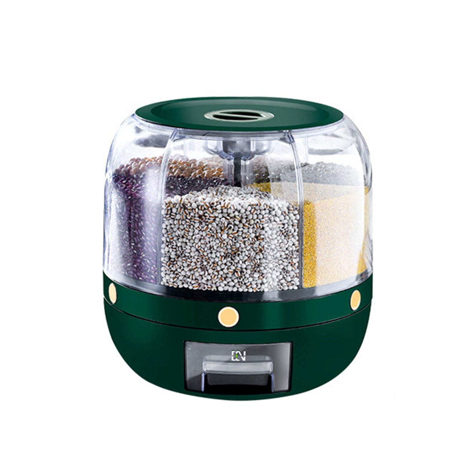 HDOYTXXM 360 Degree Rotating Dry Food Storage Container Grains Bucket with 6 Compartments Rice Dispenser Box Kitchen Supplies Removable Dividers Food Storage