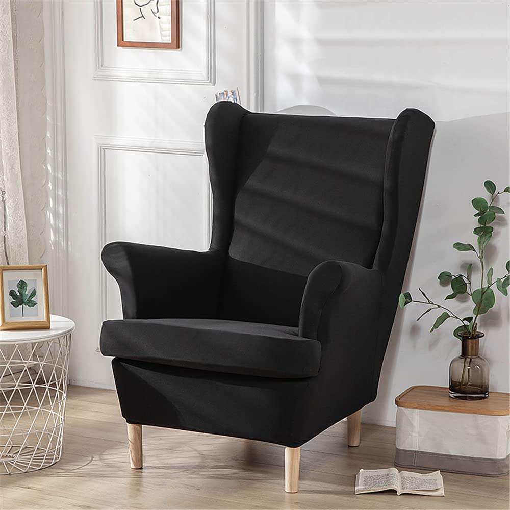 Ohrensessel Bezug Set 2-teilig, Stretch Sesselüberzug aus Spandex, elastischer Ohrensesselbezug, moderner und waschbarer Möbelschutz für Wohnzimmer Schlafzimmer Schwarz Einheitsgröße