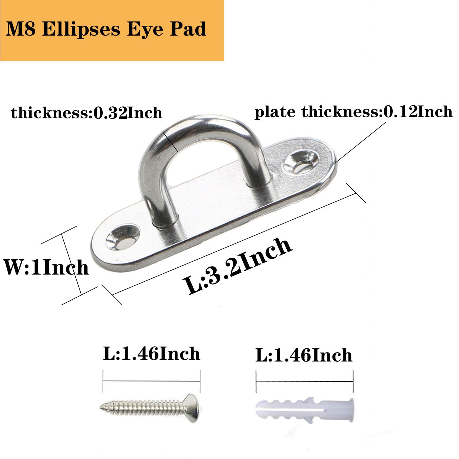 PUXILEM 4PCS M8 (3.2Inch) 304 Stainless Steel Pad Eye Hooks Heavy Duty Hooks 8PCS Screws and 8PCS Plastic Expansion Tube