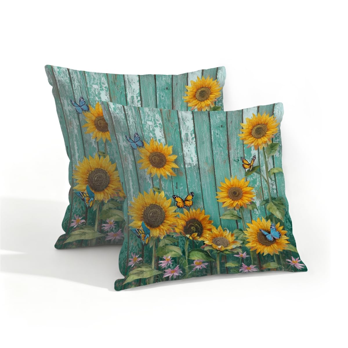 Outdoor Pillow Covers Waterproof Pillowcases 16x16in Set of 2 Sunflowers Butterfly On Old Teal Wooden Decorative Throw Cushion Case for Couch Sofa Garden Patio Furniture