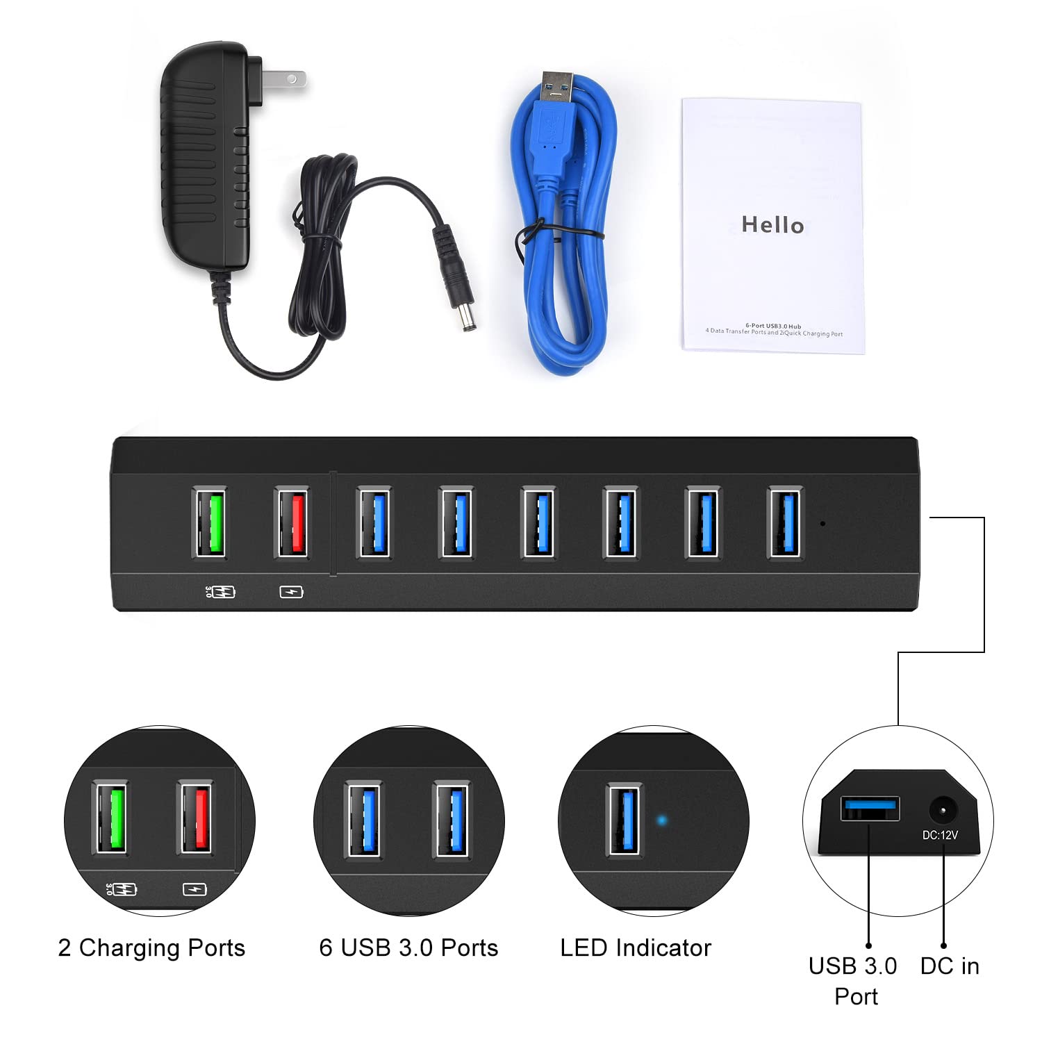 RAOYI Hub USB 3.0 alimentato, 8 porte ad alta velocità USB 3.0 Hub Splitter con adattatore di alimentazione da 36 W, cavo da 1 m e hub USB per caricabatterie rapido intelligente per laptop, PC, HDD
