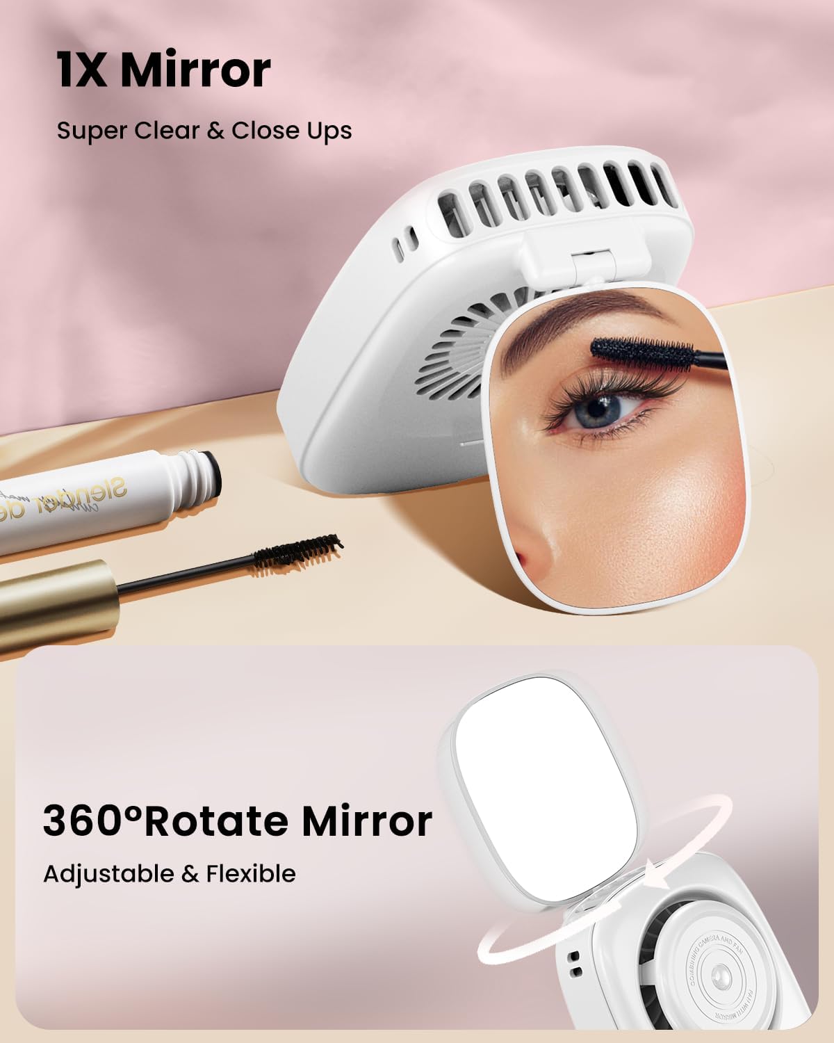 Gaiatop Mini Neck Fan, Rechargeable Handheld Desk Use, LED Power Display 3 Speed 360°Rotate Mirror for Lash Makeup, Cute Camera Design Small Portable USB Fans Personal Cooling Travel Essentials - Image 3