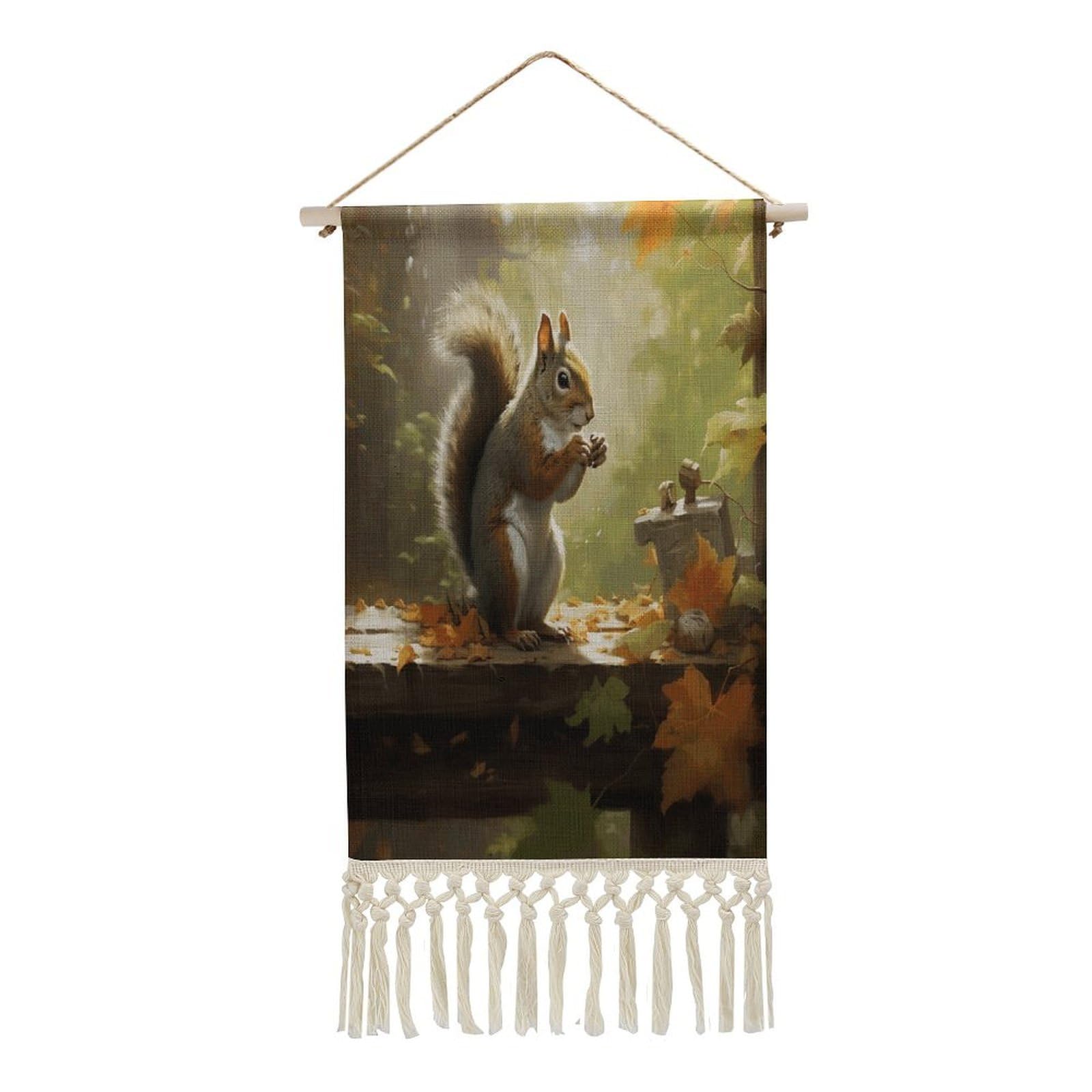 Adfgyerh Style Squirrel Eats Nuts Tapestry With Tassels Cotton And Linen Hanging Posters, Wall Art For Travel Gift, Wall Tapestry For Office Home Decor Bedroom Living Room Decor
