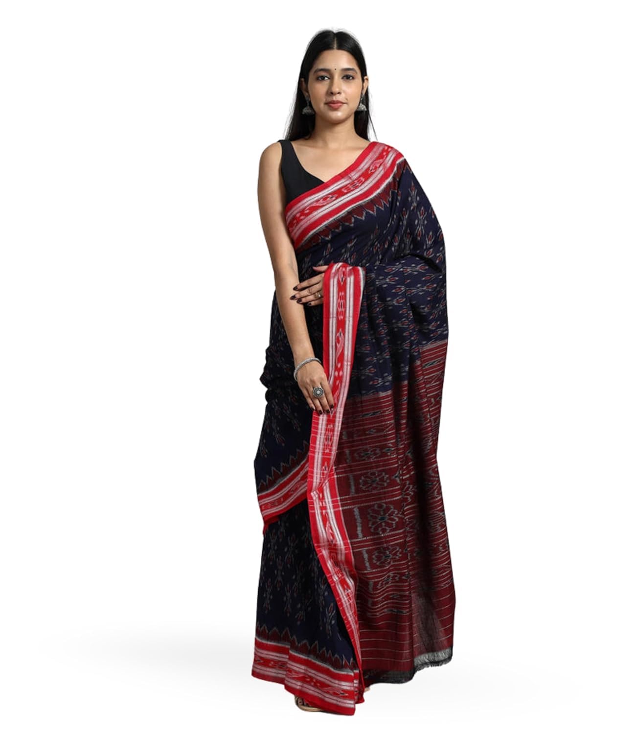 ODISHAHANDLOOM Sambalpuri Pure Cotton Handloom Saree, Traditional Ikat Pattern, Red and Green, Without Blouse