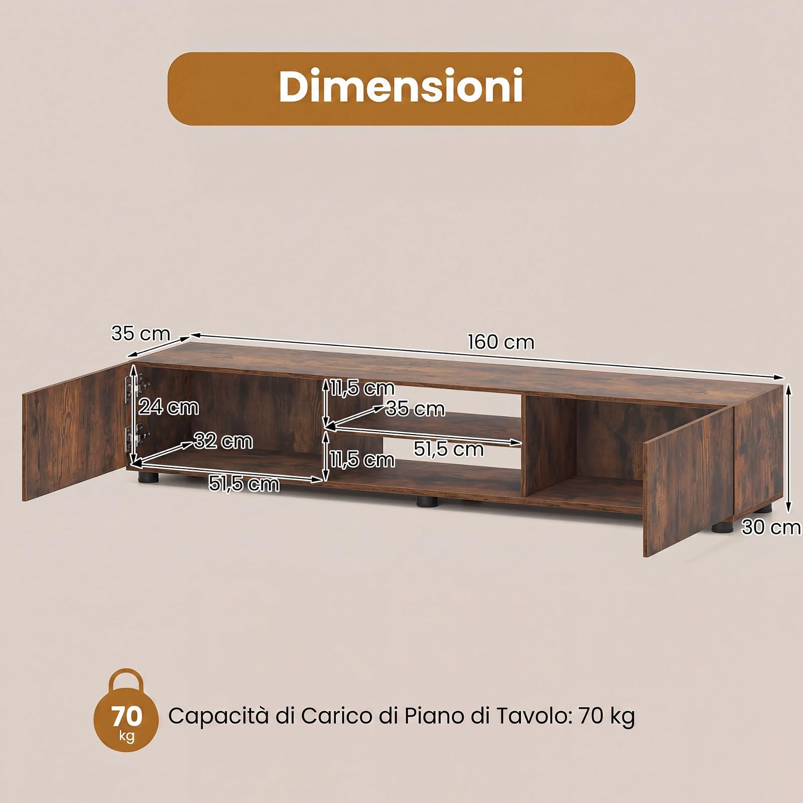COSTWAY Mobile Porta TV Fino a 70", Supporto TV con 2 Mobiletti, 2 Ripiani Aperti e 6 Gambe di Sostegno, Tavolo Consolle per Televisore per Soggiorno e Camera da Letto, 160 x 35 x 30 cm (Marrone)