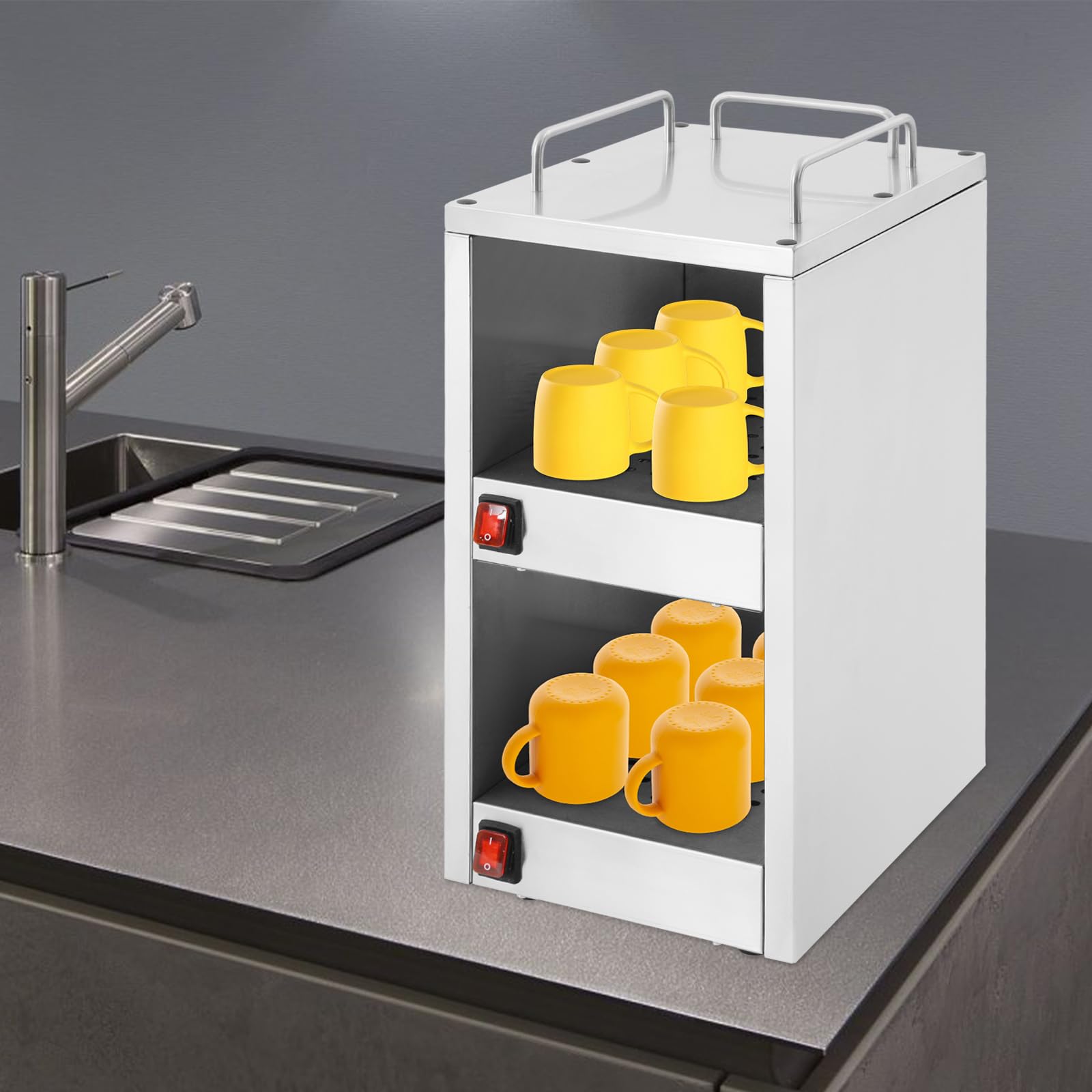 Calentador de tazas profesional de acero inoxidable con compartimentos térmicos de dos niveles, calentador de platos, calentador de platos eléctrico, vitrina caliente para gastronomía, 25 x 32 x 55,5