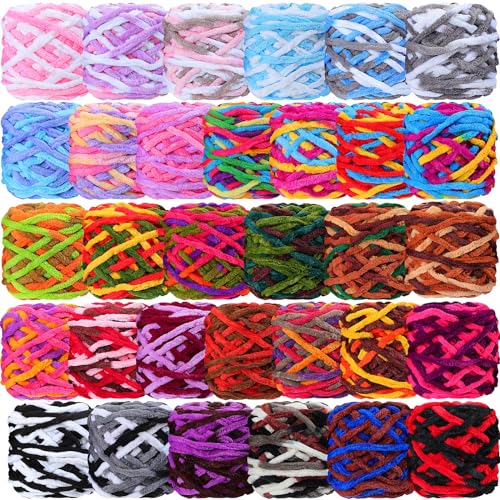 Image of Timgle 32 Skeins Chunky Chenille Yarn for Crocheting, 1470 Yards Bulky Thick Fluffy Yarn Soft Velvet Plush Yarn for Hand Knitting Blanket Crafts Project (Mixed Color)