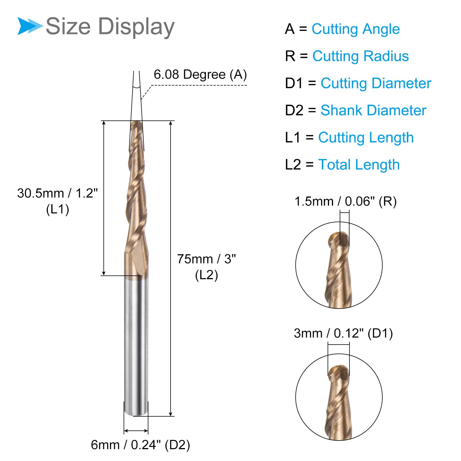 Fraise à Bout Sphérique Conique, Rayon 1,5 mm, Queue 6 mm, Angle 6,08 Degrés, Carbure Micro-Grain Revêtu de Tisin, 2 Flûtes - (Applications : Acier Inoxydable, Acier Trempé)