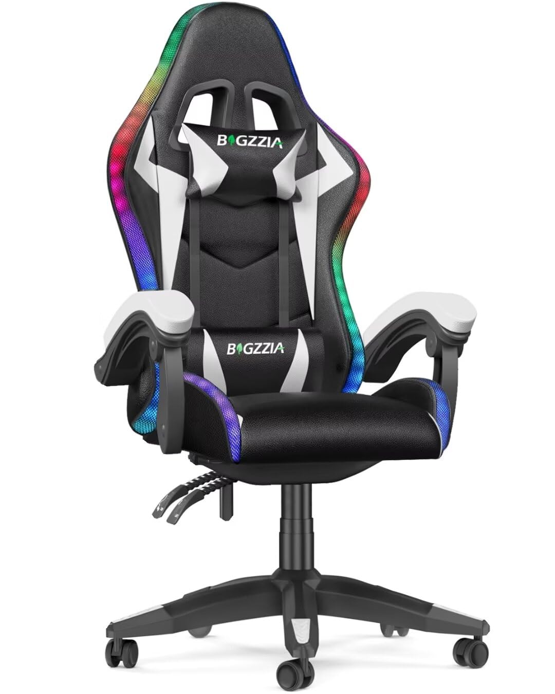 bigzzia Silla Gaming con Luces LED,Silla Ergonómica Gaming,Altura Regulable Silla con Apoyo Lumbar y Reposacabezas, Respaldo Inclinable hasta 155° (Utilización RGB, White)