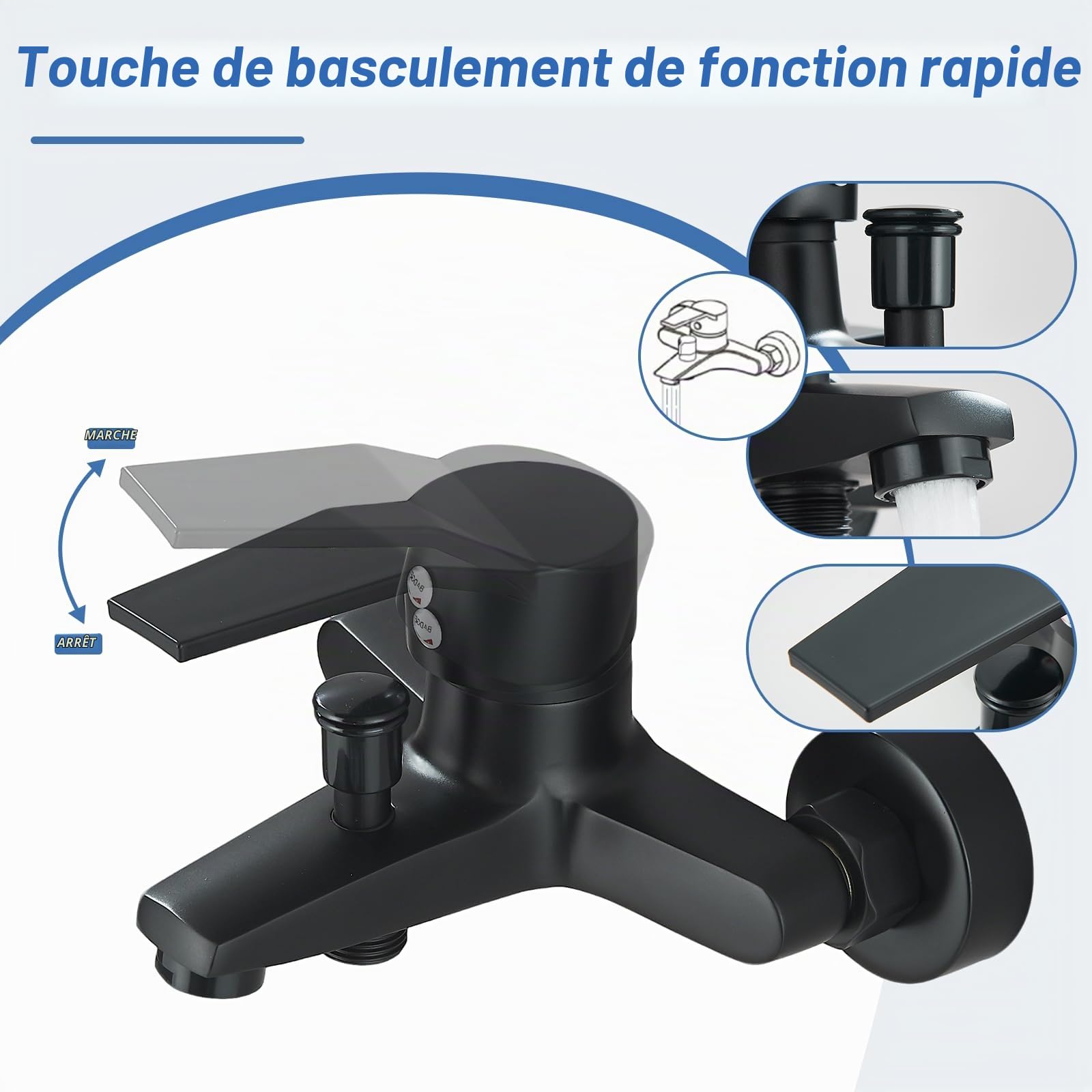 Robinet de baignoire noir pour baignoire, montage mural, mitigeur de baignoire à une main, mitigeur de baignoire