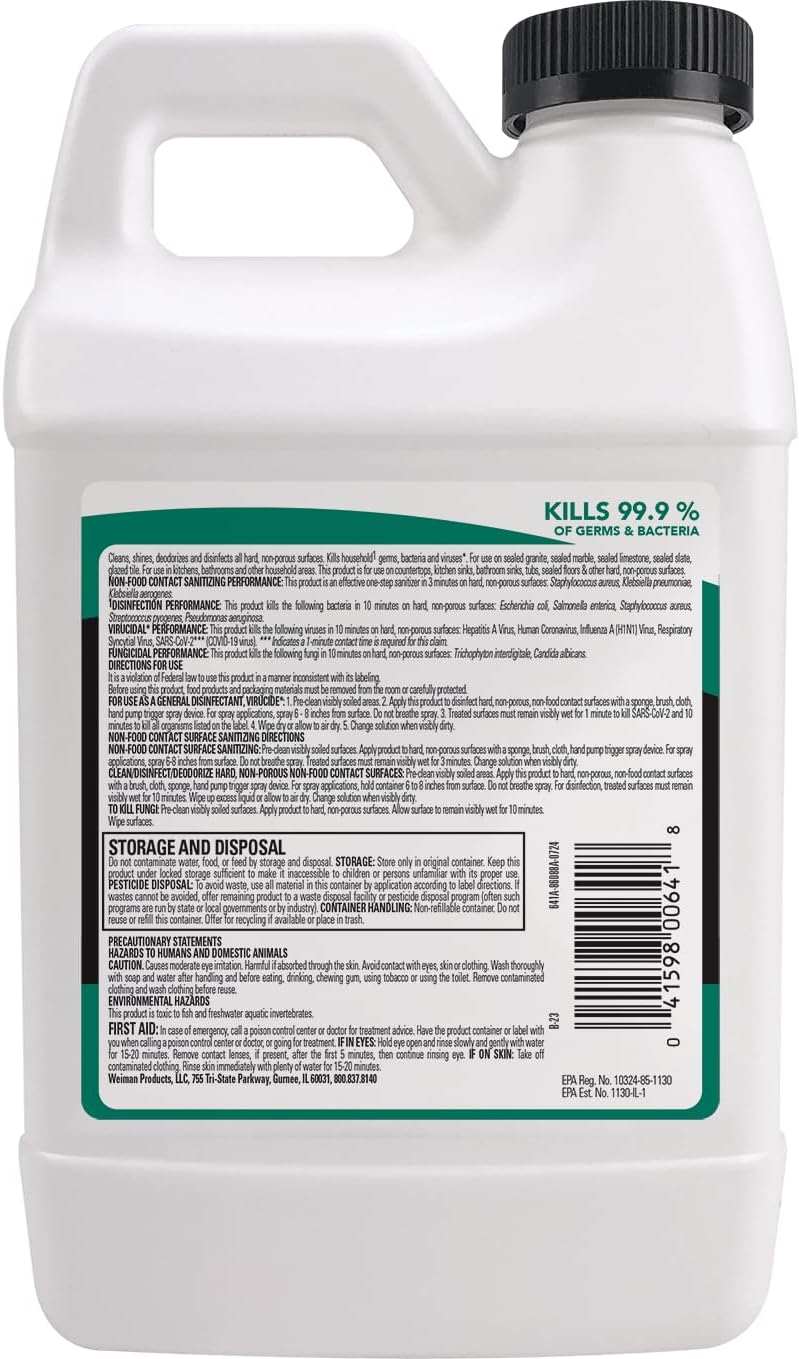 Weiman Disinfecting Granite and Stone Countertop Cleaner and Polish - Safely Cleans & Shines Marble, Quartz Quartzite Slate, Limestone, Corian, Laminate Tile, 64 Oz, 2 Pack