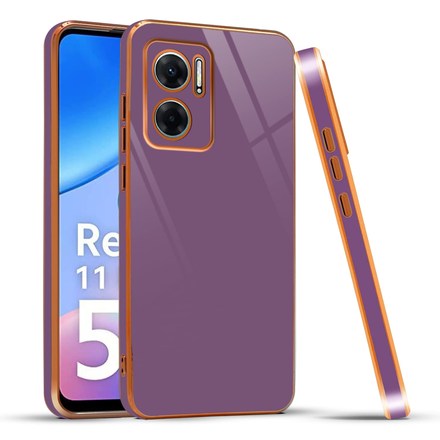 Mr Case 6D Chrome Back Cover Case for Redmi 11 Prime 5G | (Gold Plated Frame | Glossy Backside -Purple)