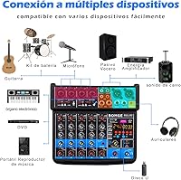Vista 7 de BOMGE Consola mezcladora de sonido mini DJ Audio de 6 canales con interfaz USB, Bluetooth, grabación estéreo, alimentación fantasma de 48V, 24