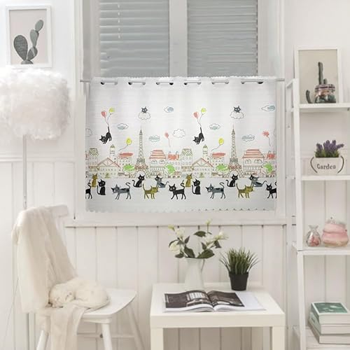 Miniatura 2 de Cortina de cocina para ventanas pequeñas, cortinas de 17.728.335.4 pulgadas, bonito patrón, semitransparente, privacidad del baño (gato París, 39.4