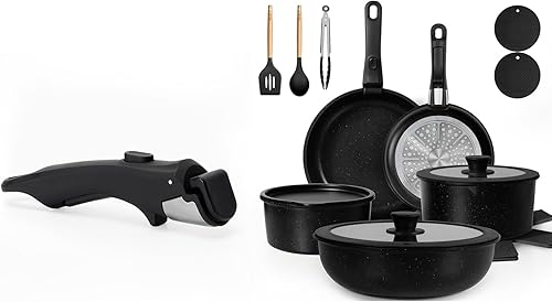 Juego de 21 ollas y sartenes, juego de utensilios de cocina antiadherentes con 3 asas extraíbles, sartenes, utensilios, protector de sartén