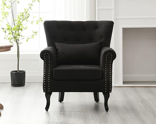 Miniatura 8 de KCC Silla decorativa moderna de mediados de siglo para sala de estar, dormitorio, silla de club tapizada con respaldo copetudo, patas de madera de