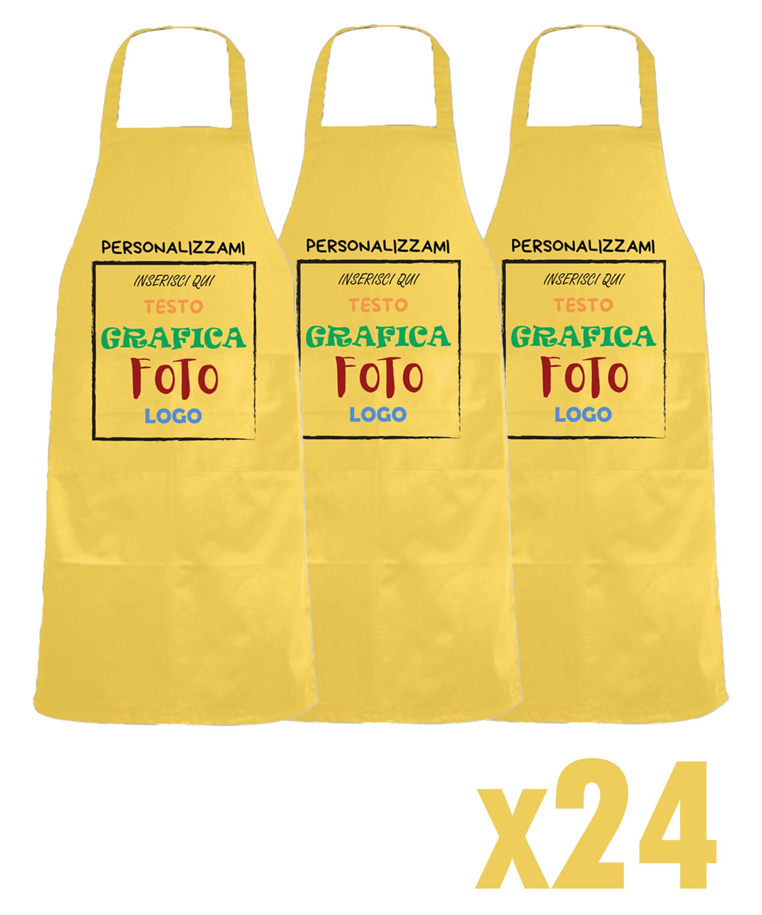 fratelliditalia.org KIT 24 grembiuli paravanti con tasca PERSONALIZZAZIONE INCLUSA Bianco -Nero -Rosso - Verde - Giallo Misura 82 X 60