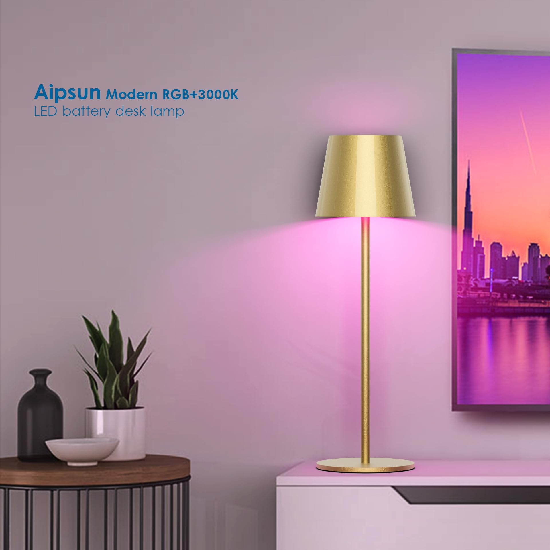 Aipsun 2 Stück Dimmbare LED akku Tischlampe Gold mit 5000mAh, Touch Dimmbar 8 Farben warme 3000K+ RGB tischleuchte kabellos, Aluminium, USB-C, IP54, für den Innen und Außenbereich