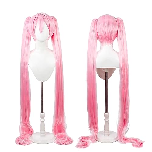YONGCANWIG Cute Halloween Pink Cosplay Wig, 2 Hair Caps+ Wigs, Long Pink False Hair with 2 Ponytails for Women, Long Straight Pigtail Wig with Bangs for Christmas Event for Women and Teen Girls - CHU - Long Pink