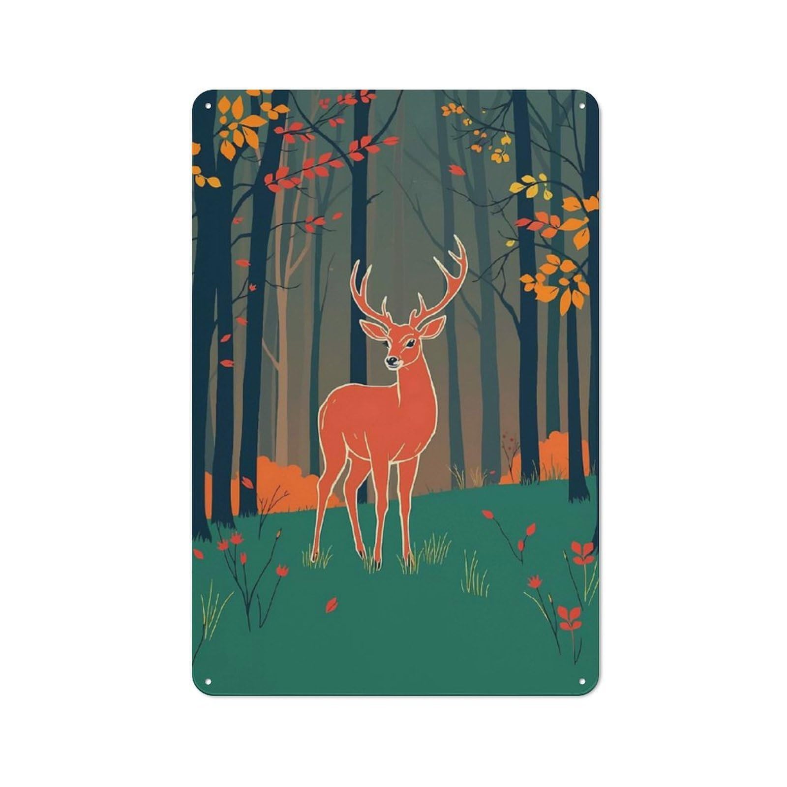 Junmoney Deer In Autumn Forest Illustration Vintage Tin Sign 30X20cm For Garden Room Or Summerhouse, For A Newly Organised Room And Metal Sign Display