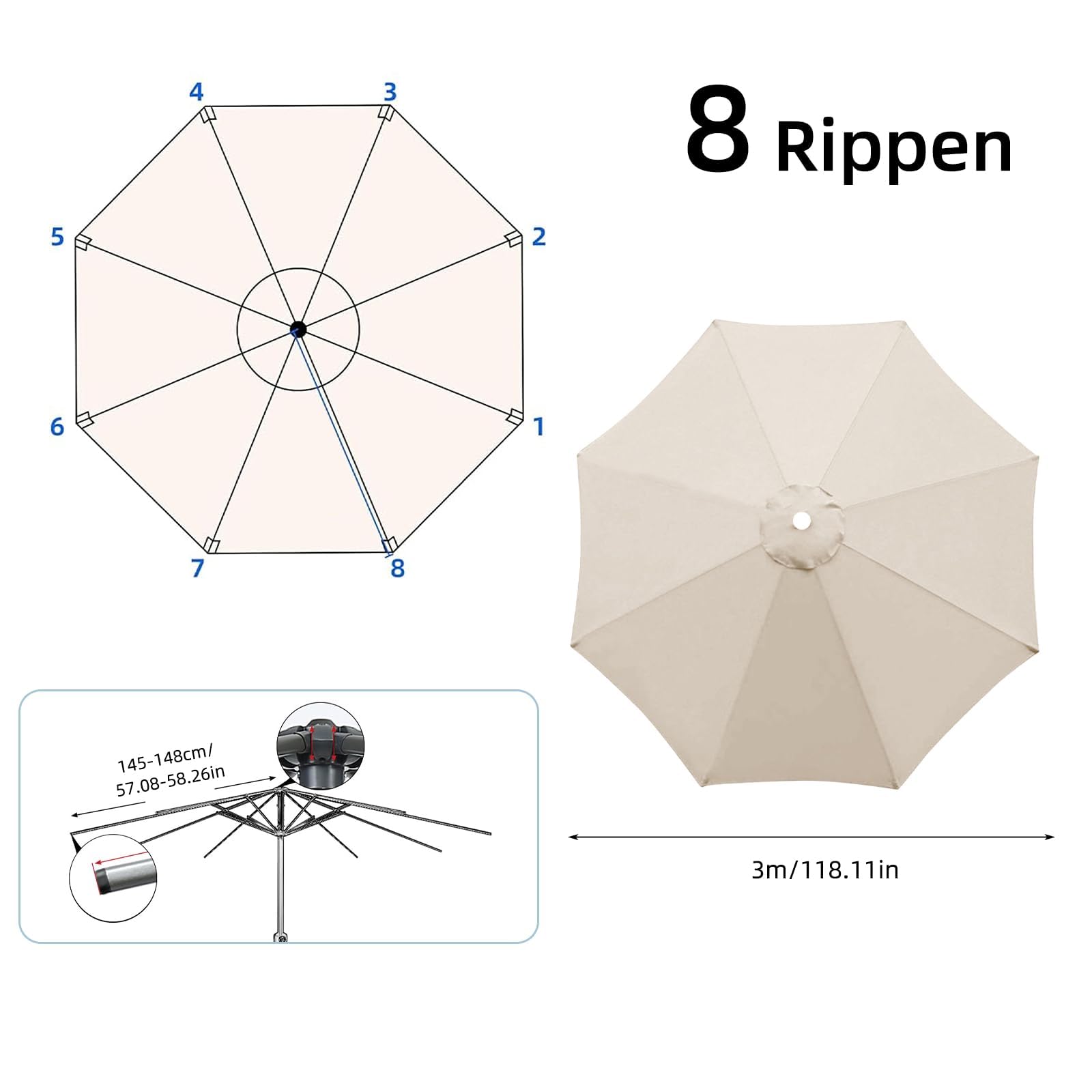 MENAYODA Copertura di ricambio per ombrellone da terrazzo, impermeabile, 3 m, durevole, per ombrellone da giardino