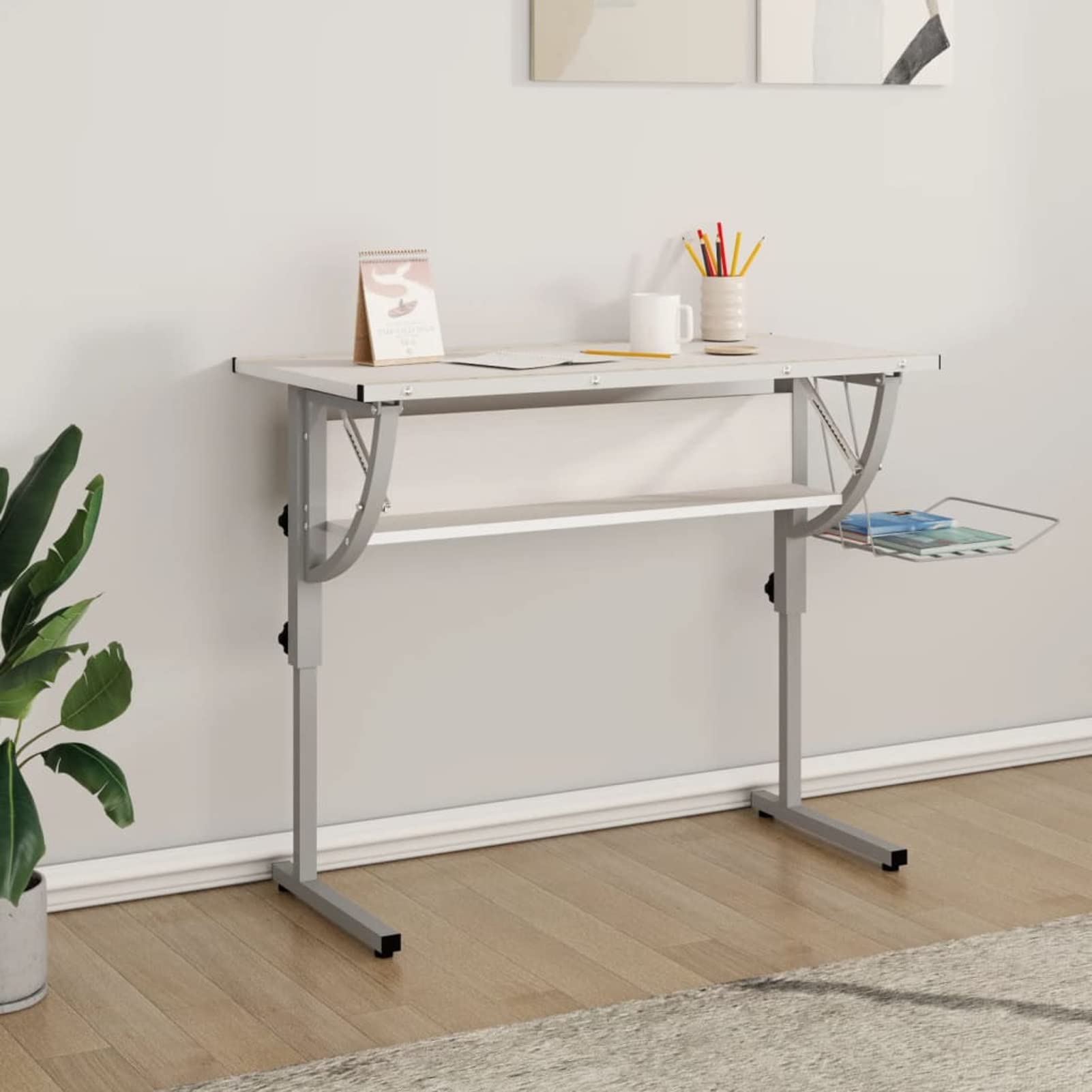 Homgoday Białe, szare biurko 110 x 53 x (58-87) cm, wielowarstwowe i stalowe, meble biurkowe, biurko, biurko komputerowe, biurko zajmujące mało miejsca, stół biurkowy, biurko do gier do pokoju